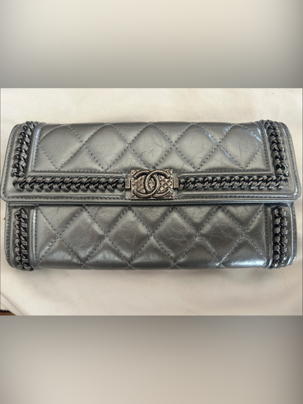 Authentic New CHANEL Quilted Metallic Chain-Around Boy Flap Wallet